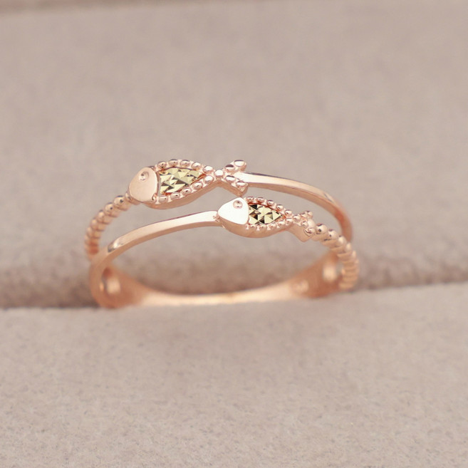 14k 18k 로즈골드 물고기 두줄 반지 컷팅 모녀 우정 트윈 행운 패션 심플 데일리 선물 레이어드(R293)