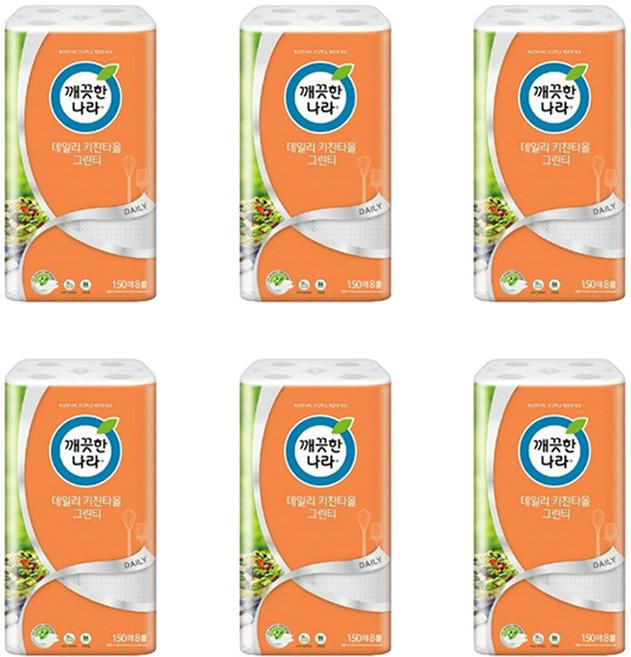 깨끗한나라 데일리 키친타올 그린티 150매, 8개입, 6개