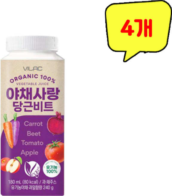비락 유기농 100% 야채사랑 당근비트, 4개, 180ml