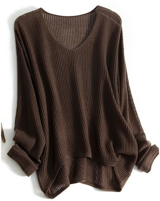 POMTOR 여성 베이직 루즈핏 브이넥 긴팔 골지 빅사이즈 니트 이너 티셔츠