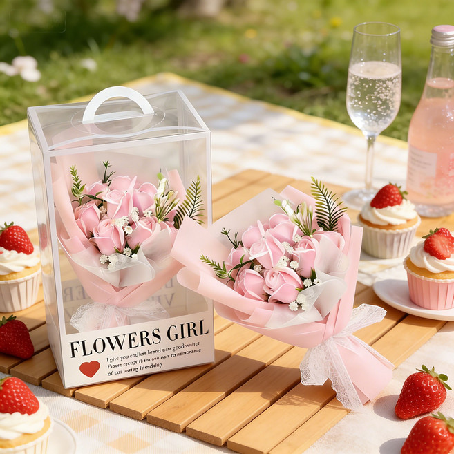 KEMEI 안개꽃 장미 비누 꽃다발 시들지 않는 꽃 (LED+엽서+ 쇼핑백), 분홍색