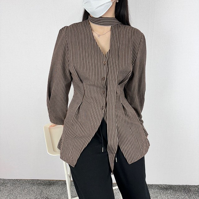 [~88 2XL 타이set/여리핏]스트라이프 블라우스 빅사이즈 겨울 가을 봄 핀턱 허리잘록 셔츠 레이어드 페미닌 여리 여리핏 데이트룩 말라핏 타이셔츠[484]