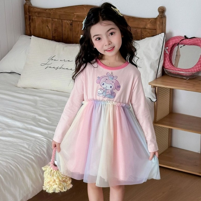 LOVEND 산리오 시나모롤 순면 긴팔원피스 봄 가을 샤원피스 마이멜로디 쿠로미 여아원피스