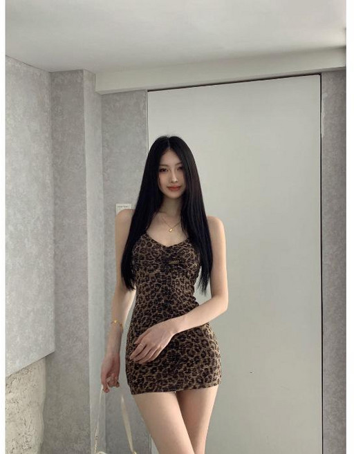 dala 豹紋吊帶連衣裙 女 春秋 緊身短裙, 图片色