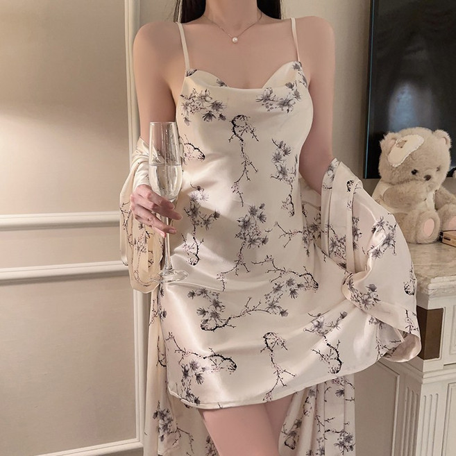 쁨라인 여성 실크 슬립+가운세트 란제리원피스-37