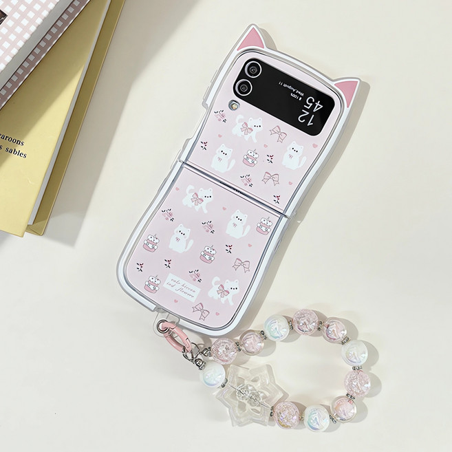 얌코 갤럭시 z플립3 z플립4 z플립5 z플립6 z플립7 힌지보호 스트랩 휴대폰 케이스 실리콘 핑크 고양이 귀