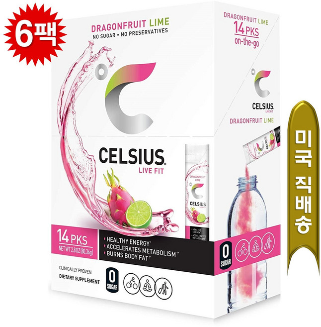 [1/2/3/4/5/6박스 택1] 셀시어스 온더고 드래곤푸르트 라임 무설탕 분말 14스틱 /박스, 80.36g, 6박스