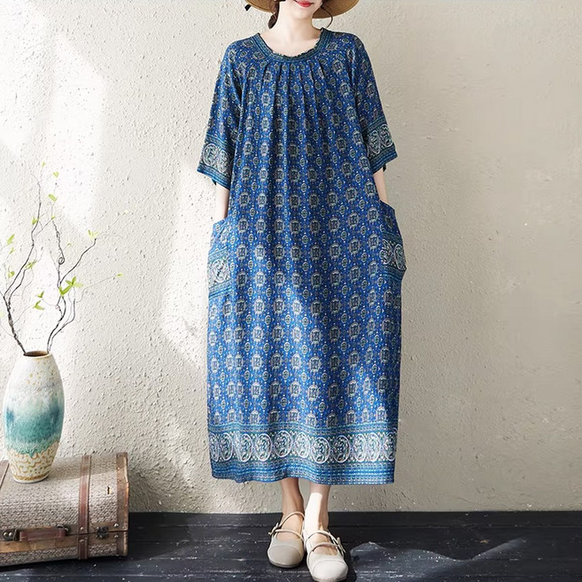 지홍 JIHONG 셔링 플레어 프린팅 롱원피스 시원한 홈웨어 휴가 빅사이즈 루즈핏 88 99 면 레이온