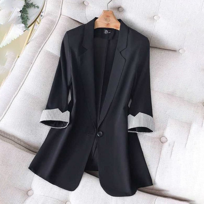 ORZQU 여름가을 여성 캐주얼 시크 슬림핏 정장넥 롤업 7부소매 가디건