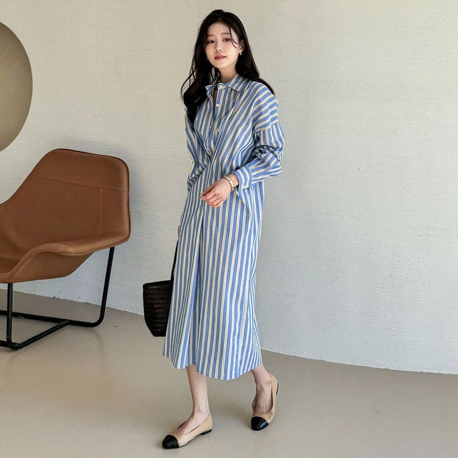 [백화점출고] [모리스커밍홈] 스트라이프 롱 셔츠 원피스_M2503OP011A