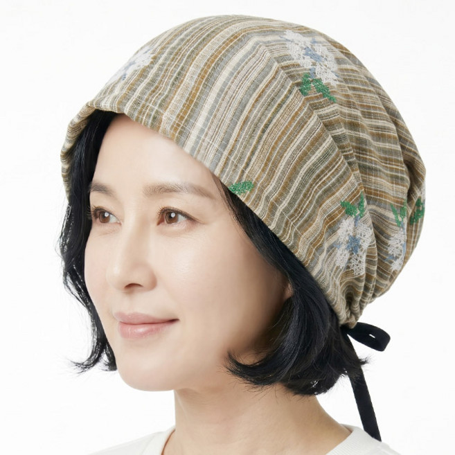 비니 스트라이프 플라워 자수 여름 중년여성 모자 두건 플라워 큐빅 화려한 할머니