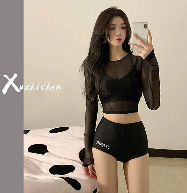 泳衣女 分體三件套 運動長袖 泡溫泉泳裝, 1個, Y9035 黑色（三件套）XL (108-124斤)