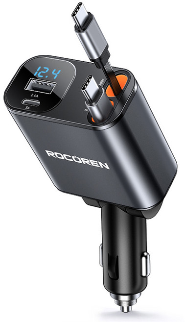 ROCOREN 동시4대충전 릴타입 차량용 고속충전기, 블랙, C타입+C타입