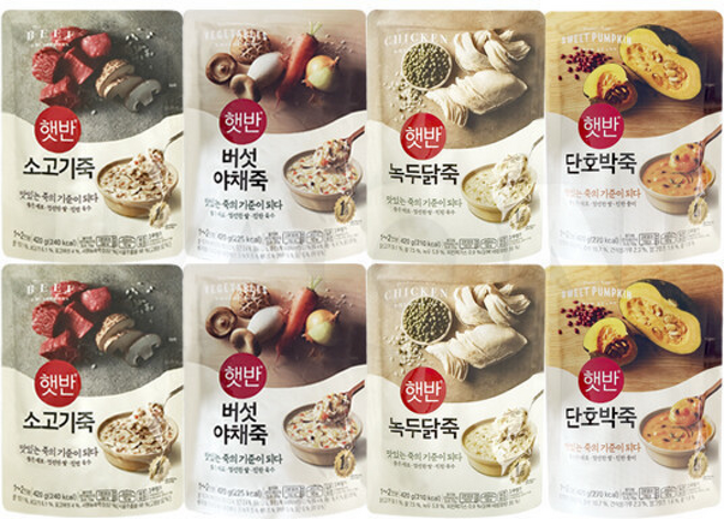CJ 햇반 비비고 파우치죽 듬뿍소고기죽 +듬뿍버섯야채죽 +듬뿍녹두닭죽 + 단호박죽, 2개, 420g