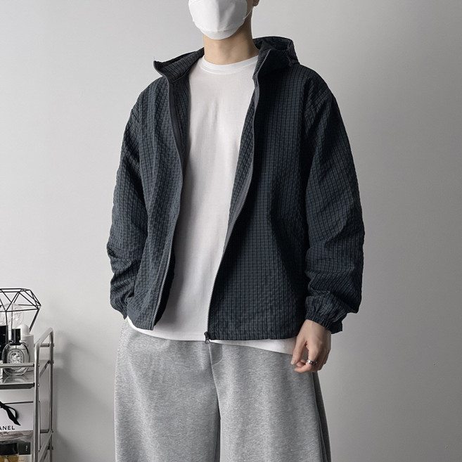 오프앤 스트링 체크 오버핏 후드 집업 바람막이