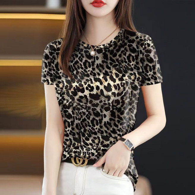 CuteQueen 통기성 냉감 여성 여름 반팔티셔츠 레오파드 프린트 슬림핏 라운드넥