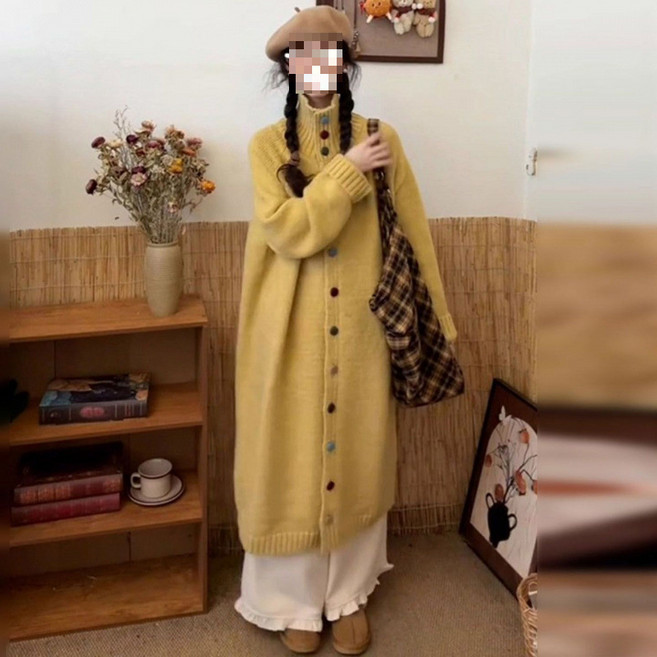 【慵懶韓系】針織連衣裙 毛衣長裙 中長款連衣裙 秋冬連衣裙 寬鬆毛衣 高領毛衣 針織長裙 寬鬆顯瘦 加厚保暖 秋冬內搭外穿, 黃色
