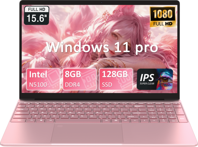 AUUSDA 15.6인치 대화면 노트북 Intel N5100 프로세서 IPS FHD 디스플레이 지문인식 지원 백라이트 키보드, T152A N5100, WIN11 Pro, 8GB, 128GB, 핑크