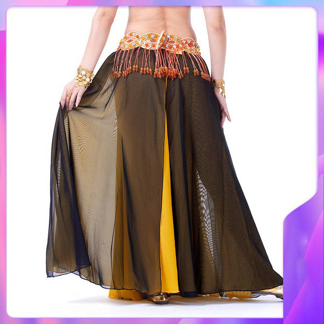 couyor 성인밸리댄스복치마 양 트임 시폰 스커트 벨리댄스 섹시 스커트 댄스 스커트 밸리댄스 퍼포먼스 스커트 벨리댄스복 하의, 블랙+노랑