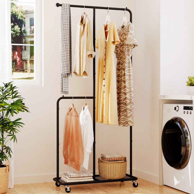 ONESOWON 철제 2단 이동식 슬림 옷걸이 ㄱ자 스탠드 행거, 블랙