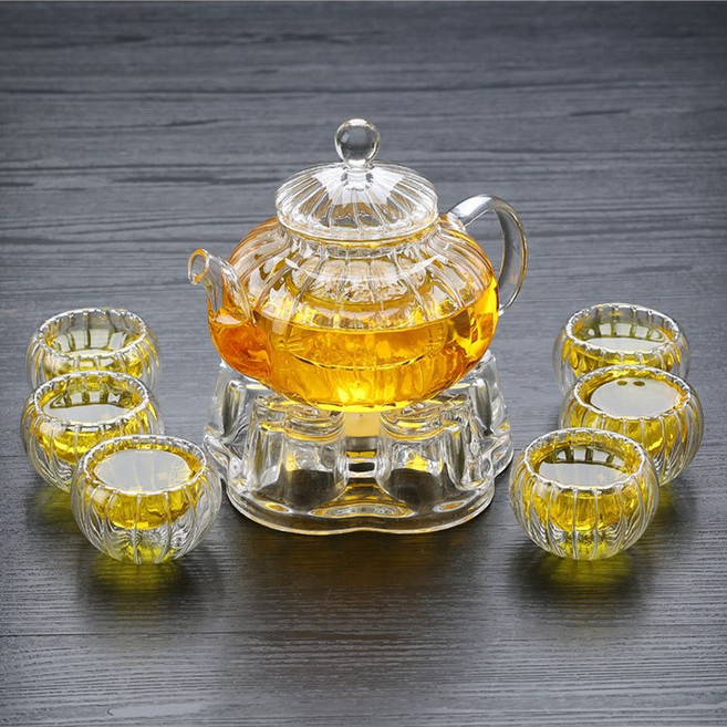 스타일럭 [사은품 꽃차(육수다시) 티백 10개 증정 외] 2중잔 6인 유리다기세트 명절 어버이날 집들이 선물 600ml 800ml 티포트 유리잔 모두 포함, 세트8)600무늬티포트+잔6개+하트워머, 1세트