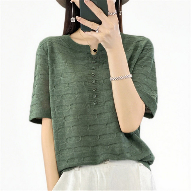 Vezri 린넨 혼방 버튼 프론트 반팔 티 여성용 여름 캐주얼 상의