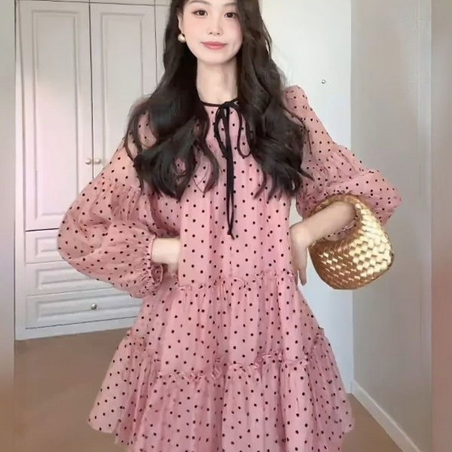 여자 빅사이즈 원피스 봄여름 루즈핏 하이웨스트 쉬폰 도트 프릴 미니원피스