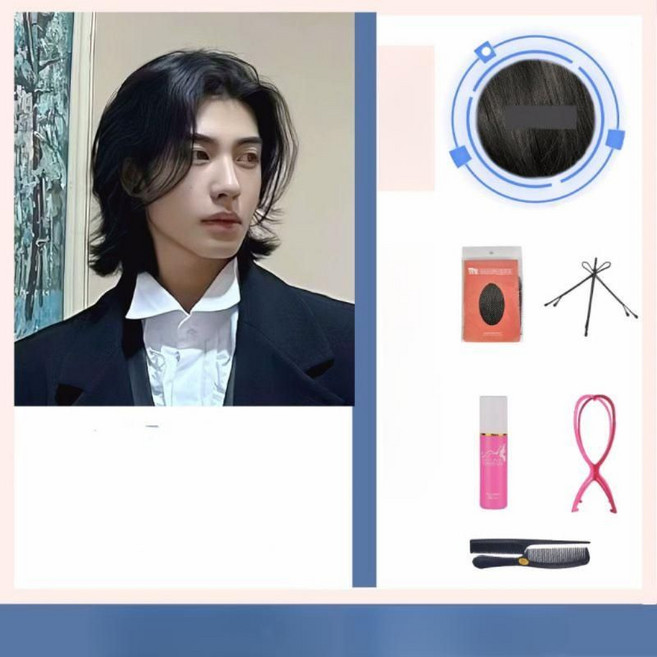 티류으스 남성 내츄럴 장발가발 레이어컷 긴머리 인모가발 미용가발 헤어피스CQ, 1개, 내츄럴 블랙+케어 5종 세트