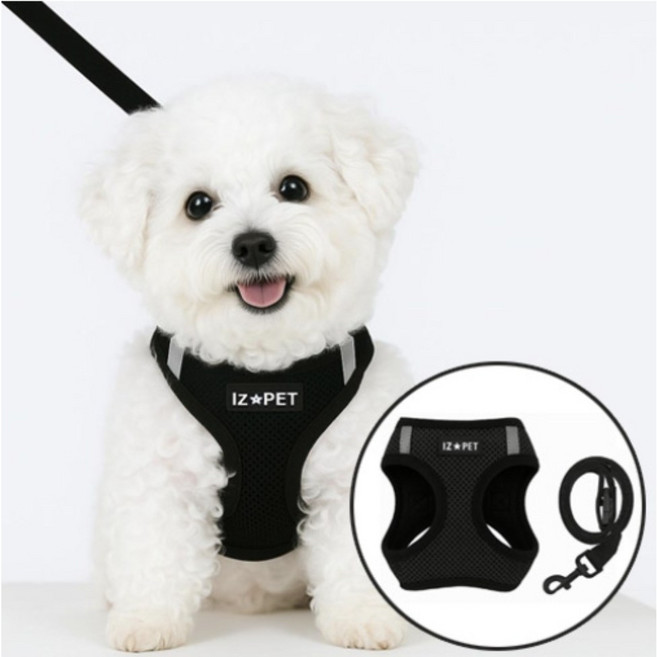 아이즈펫 메쉬 하네스 + 리드줄 SET 빛반사 기능 편안한 고급형 가슴줄 산책 필수템, 블랙, 1개