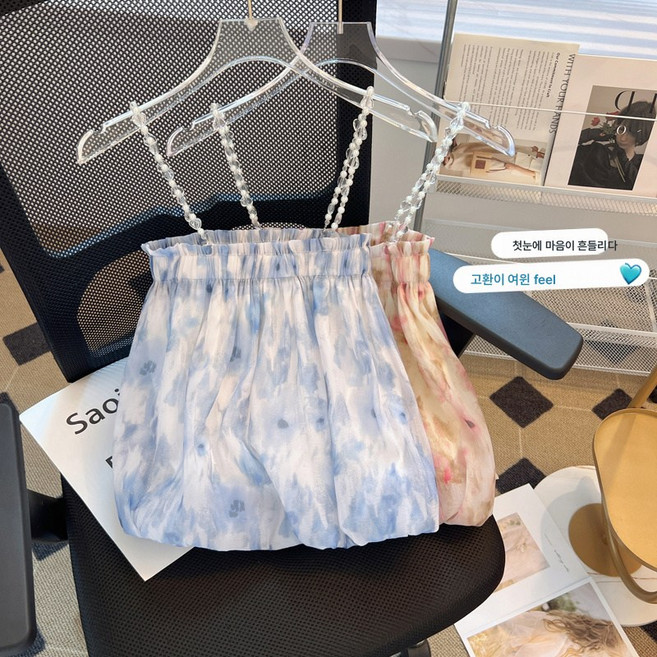 프렌치 블루 플라워 블라우스 여 여름 유니크 진주 목걸이 톱 나시 탑