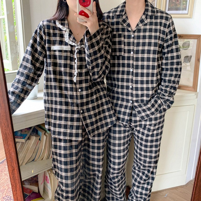 (커플)멜로망스 체크 잠옷 세트 긴팔 파자마 레이스 홈웨어