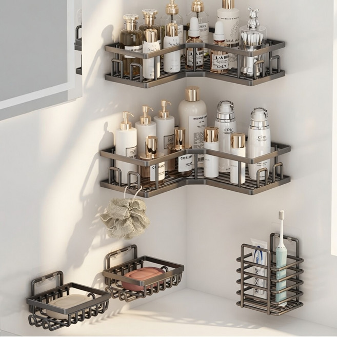 유앤아이 코너형 욕실선반 무타공 정리대, 5개 세트, 블랙