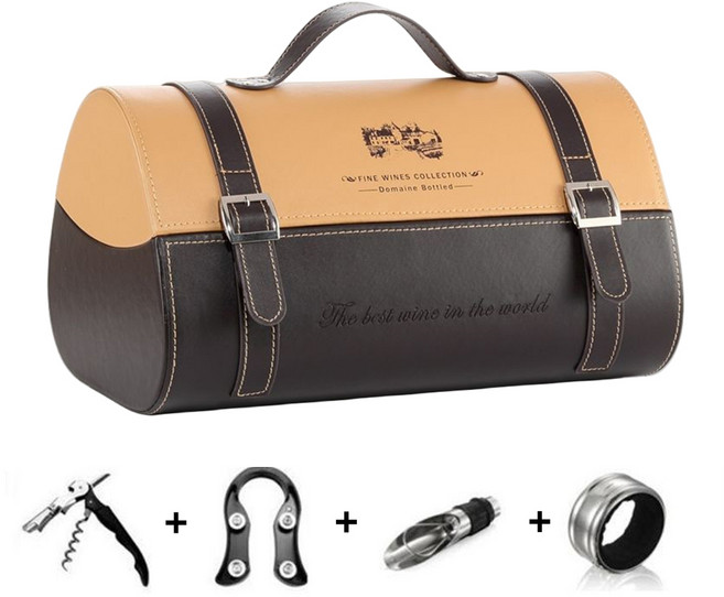 고급 가죽 와인케이스 여행용 모던한 와인가방 도구세트 2본입 와인 선물 포장 박스, 갈색, 275mm*340mm*185mm