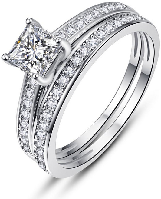 아베콘 1.35ct 프린세스 컷 약혼 반지 925 스털링 실버 웨딩 밴드 세트 여성 큐빅 지르코니아 신부 사이즈 5-10