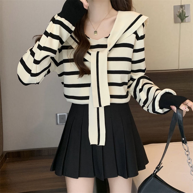 야오야오 여성용 스트라이프 어깨 숄 세미크롭 니트