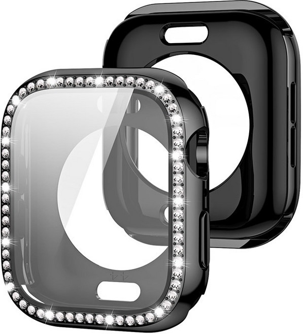 Rabbit Technology 全包電鍍 防撞保護 適用Apple Watch錶殼, 典雅黑單排鑽全包殼,42mm（S11/S10）通用, 1個