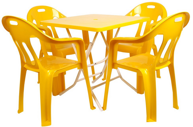 지오리빙 플라스틱 테이블 의자 세트 야외테이블세트, 사각+팔걸이의자(옐로우)