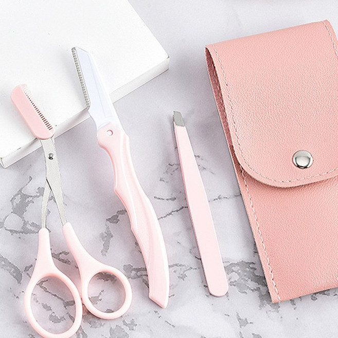 빗달린 눈썹가위 눈썹칼 트위저 3종세트 남자 숱 정리 셀프 눈썹정리 케이스포함, 핑크색