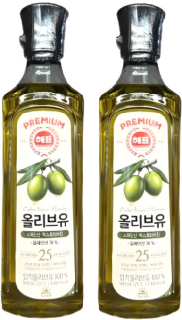 해표 압착 올리브유, 500ml, 2개