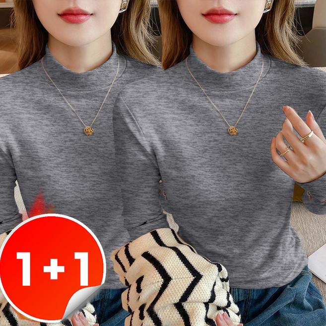 메인워크 1+1 여성 반폴라 긴팔 티셔츠 빅사이즈 가을겨울 데일리 솔리드 통통한여자 캐주얼 스판 심플 상의 2매입