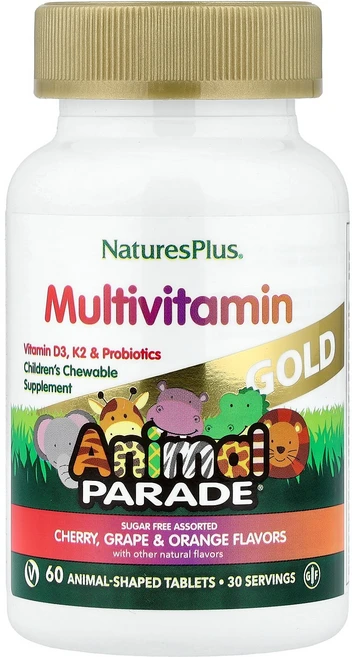 NaturesPlus Animal Parade® 골드 어린이용 츄어블 종합비타민 체리 포도와 오렌지 동물 모양 정제 60정 NaturesPlus (네이처스플러스), 1개 - 쿠팡