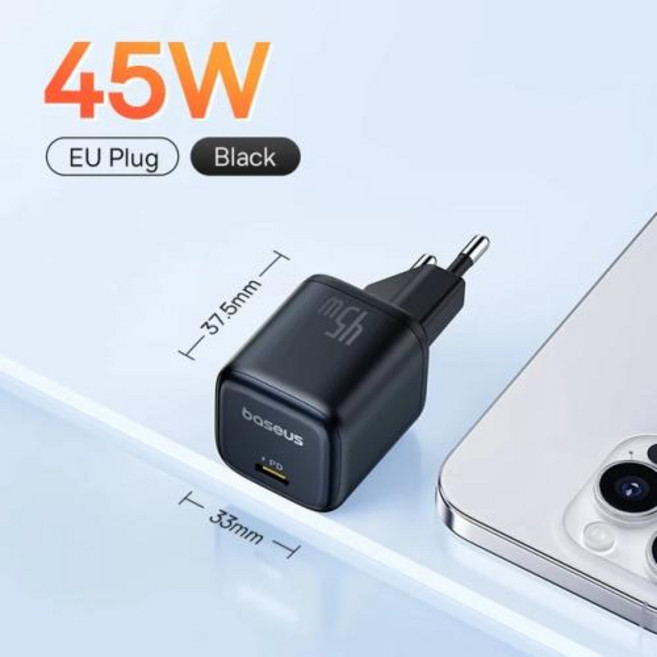 베이스어스 Baseus Picogo 45W PD 충전기 시리즈 GaN C타입 USB 휴대용 고속, 1개, 없음, 2) Black EU Plug