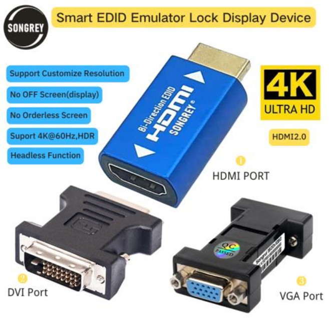SONGREY HDMI EDID 에뮬레이터 패스 스루 어댑터 더미 플러그 익스텐더 KVM 스위치 AV 리시버 비디오 스플리터 Xbox 게임용, 1920x1080 up to 4K, 1920x1080 up to 4K