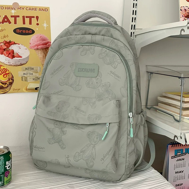 LUOFANNI 熊熊圖案後背包 學生書包, 綠色熊熊