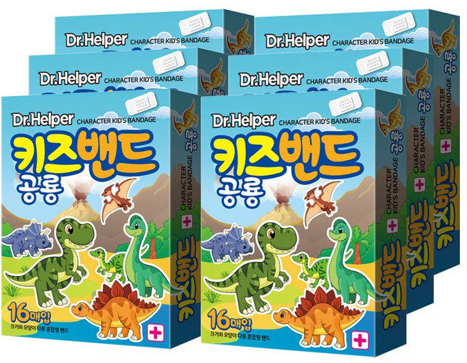 닥터헬퍼 캐릭터 키즈밴드 공룡 단독 모양 일회용 반창고 상처밴드 혼합형 16P X 6개입, 6개, 16개입