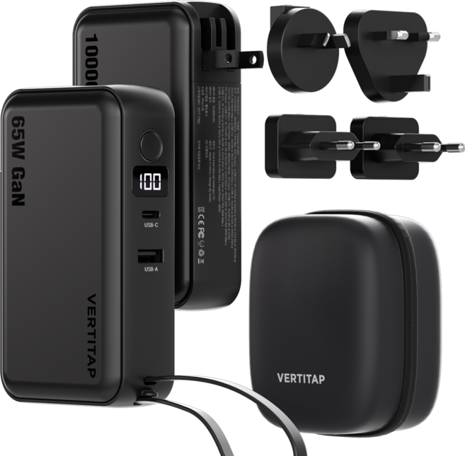 버티탭 트레블러 프로 65W 멀티 어댑터 보조배터리 해외 여행용 멀티탭 usb 전기 콘센트, 1개, 블랙