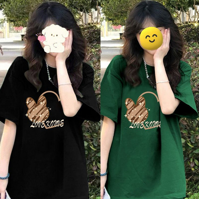 FINE ART 1+1 여성 하트 캐릭터 반팔티 빅사이즈 롱티 오버핏 반팔 티셔츠 순면 라운드티 데일리