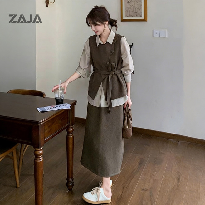 ZAJA 봄가을 정장 오피스룩 여성 셔츠+베스트+스커트 쓰리피스 세트