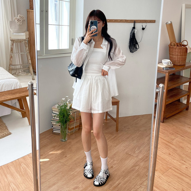 [디아미뇽] 커블 시스루 긴팔 셔츠 밴딩 반바지 세트