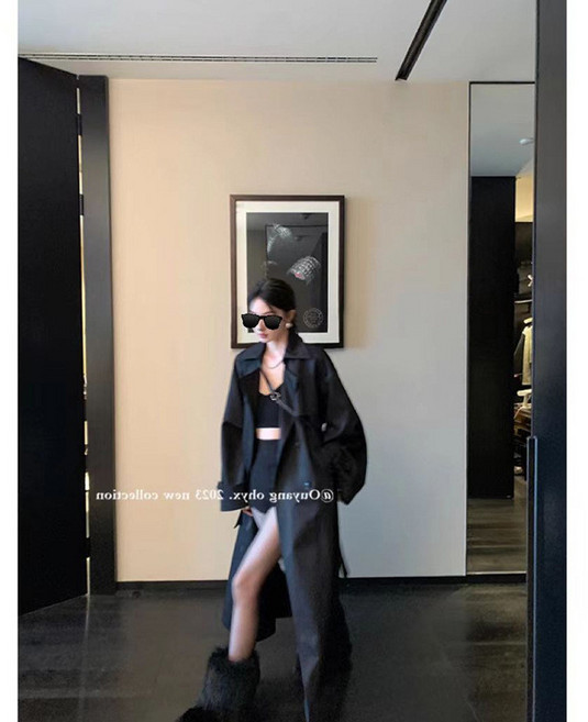 歐陽【秀場風衣】翻領雙排扣外套女秋季新款中長款大衣